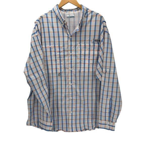 Columbia Other - Columbia PFG Shirt Mens XXL Blue Peach White Plaid Button Down Omni Shade